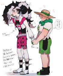 Rule 34 | 2boys, age (moco018), beige headwear, belt, bike shorts, black hair, blush, boots, commentary request, creatures (company), cropped jacket, dynamax band, eyeshadow, from side, game freak, gloves, green eyes, grey eyeshadow, hat, highres, holding hands, jacket, knees, long hair, makeup, male focus, milo (pokemon), multicolored hair, multiple boys, nintendo, piers (pokemon), pokemon, pokemon swsh, shirt, short sleeves, shorts, single glove, standing, sun hat, sweat, thought bubble, translation request, two-tone hair, white background, white jacket, yaoi
