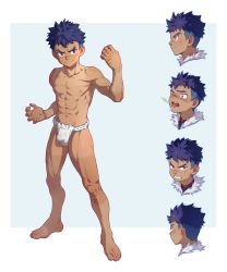 Rule 34 | 1boy, absurdres, arm up, bare legs, bare pectorals, bare shoulders, barefoot, blue hair, chinese commentary, commentary request, dark-skinned male, dark skin, fundoshi, highres, japanese clothes, monster hunter (series), monster hunter stories, muscular, muscular male, pectorals, red eyes, simple background, smile, tan, tanline, zxanzai