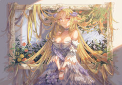 Rule 34 | 1girl, absurdres, arknights, bare shoulders, blonde hair, blue eyes, breasts, cleavage, commentary request, cowboy shot, dress, highres, horns, innoarukugyou, large breasts, long hair, looking at viewer, off-shoulder dress, off shoulder, official alternate costume, own hands together, saileach (appreciate fragrance) (arknights), saileach (arknights), short sleeves, smile, solo, standing, v arms, very long hair, white dress