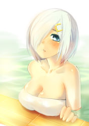 Rule 34 | 10s, 1girl, absurdres, bare shoulders, blue eyes, blush, body blush, breast rest, breasts, cleavage, collarbone, hair ornament, hair over one eye, hairclip, hamakaze (kancolle), head tilt, highres, kantai collection, looking at viewer, maao you you, medium breasts, naked towel, parted lips, partially submerged, shiny skin, silver hair, sketch, solo, towel, upper body, water