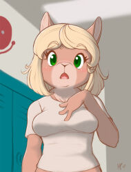 Rule 34 | 1girl, ajin (ajinhdremix), animal ears, animal nose, arm at side, artist name, blonde hair, blurry, blurry background, blush, body fur, breasts, brown fur, dated, deer ears, deer girl, female focus, green eyes, hand on own chest, hand up, highres, indoors, locker, looking at viewer, medium breasts, midriff peek, nose blush, open mouth, original, parted bangs, school, school bell, shirt, short hair, short sleeves, sidelocks, signature, solo, standing, straight-on, surprised, two-tone fur, upper body, white shirt, wide-eyed