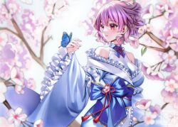 1girl blue_butterfly blue_kimono breasts bug butterfly cherry_blossoms dark_jewel_(gem_oblivion) insect japanese_clothes kimono large_breasts looking_to_the_side off_shoulder pink_eyes pink_hair saigyouji_yuyuko solo touhou upper_body wide_sleeves