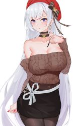 Rule 34 | 1girl, absurdres, aran sweater, arm at side, azur lane, bare shoulders, belfast (azur lane), belfast (shopping with the head maid) (azur lane), beret, black choker, black pantyhose, black skirt, blue eyes, bow, breasts, brown sweater, cable knit, choker, clark (159123), cleavage, collarbone, cowboy shot, earrings, food, hat, hat bow, highres, holding, holding food, hoop earrings, jewelry, large breasts, long hair, looking at viewer, miniskirt, nail polish, off-shoulder sweater, off shoulder, pantyhose, parted lips, pocky, red hat, ribbon, silver hair, simple background, skirt, smile, solo, straight hair, striped, striped bow, sweater, very long hair, white background, white ribbon