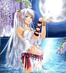 Rule 34 | 1girl, bad id, bad pixiv id, blue eyes, bracelet, detached sleeves, flower, full moon, hair flower, hair ornament, jewelry, lily (flower), long hair, midriff, moon, navel, original, ribbon, silver hair, solo, traditional media, trimcolor, very long hair, wading, water, wet, wet clothes, wisteria