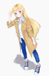 Rule 34 | 1girl, aikatsu! (series), aikatsu friends!, arm up, blonde hair, blue footwear, blue pants, blush, brown coat, closed mouth, coat, collarbone, commentary request, from above, full body, green eyes, grey background, highres, k mugura, kamishiro karen, long hair, long sleeves, looking at viewer, open clothes, open coat, pants, shadow, shirt, shoes, smile, solo, standing, very long hair, white shirt
