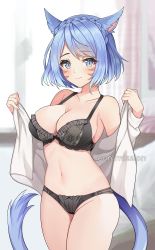 Rule 34 | 1girl, absurdres, animal ears, warrior of light (ff14), bare shoulders, black bra, black panties, blue hair, bra, braid, breasts, cat ears, cat girl, cat tail, cleavage, collarbone, commission, cowboy shot, facial mark, final fantasy, final fantasy xiv, highres, jirafuru, large breasts, lingerie, long sleeves, looking at viewer, miqo&#039;te, navel, off shoulder, open clothes, open shirt, panties, shirt, short hair, smile, solo, stomach, tail, thighs, underwear, white shirt
