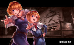 Rule 34 | 2girls, alice margatroid, blonde hair, blouse, blue dress, blue eyes, breasts, capelet, commentary request, cookie (touhou), cowboy shot, cowboy western, dress, eyes visible through hair, fang, gun, hair between eyes, hairband, handgun, holstered, jewelry, leg up, letterboxed, long sleeves, looking at viewer, medium breasts, megafaiarou (talonflame 810), multiple girls, necktie, one eye closed, open mouth, red hairband, red neckwear, revolver, rifle, ring, sakuranbou (cookie), sepia, shirt, shop, short hair, sleeveless, sleeveless dress, standing, taisa (cookie), taxidermy, touhou, weapon, white capelet, white shirt
