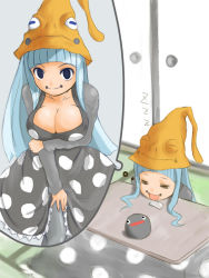 Rule 34 | 00s, 1girl, blue eyes, blue hair, breast conscious, breasts, cleavage, clothes lift, dreaming, eruka frog, ginjyasei, hat, huge breasts, kotatsu, large breasts, long hair, pantyhose, saliva, skirt, skirt lift, sleeping, smile, soul eater, table, witch, witch hat, wizard hat