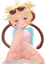 Rule 34 | :d, ahoge, andira (granblue fantasy), animal ears, barefoot, bikini, blonde hair, erune, eyewear on head, foot focus, foreshortening, granblue fantasy, highres, kimblee, looking at viewer, monkey ears, monkey girl, monkey tail, open mouth, red eyes, short hair, sitting, smile, soles, solo, striped bikini, striped clothes, swimsuit, tail, toes