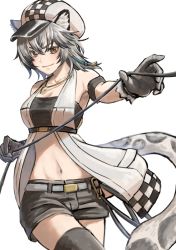 Rule 34 | 1girl, animal ear fluff, animal ears, arknights, armband, armpits, bandeau, bare shoulders, black gloves, black shorts, black thighhighs, breasts, cabbie hat, checkered clothes, checkered headwear, cleavage, cliffheart (arknights), collarbone, commentary, cowboy shot, crossed bangs, eyebrows hidden by hair, gloves, grey eyes, groin, hair between eyes, hat, holding, jewelry, leopard ears, leopard tail, looking at viewer, medium breasts, midriff, navel, necklace, sanada yuuki, short hair, short shorts, shorts, sidelocks, silver hair, simple background, sleeveless duster, smile, solo, standing, strapless, tail, thighhighs, tube top, underbust, white background, wire