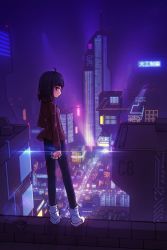 Rule 34 | 1girl, :|, ahoge, ankle boots, black hair, black pants, boots, breasts, building, city lights, cityscape, closed mouth, copyright request, cyberpunk, diffraction spikes, from behind, full body, highres, k.blank, looking at viewer, looking back, medium breasts, medium hair, night, pants, red shirt, rooftop, shirt, skyscraper, solo, standing, white footwear