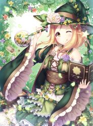 Rule 34 | 10s, 1girl, ;q, bad id, bad pixiv id, blonde hair, book, cauldron, commentary request, detached collar, dress, flower, frilled sleeves, frills, green hat, hat, hat flower, holding, holding book, kokkeina budou, kyouou ena, looking at viewer, love live!, love live! school idol festival, love live! sunshine!!, obi, ohara mari, one eye closed, open book, plant, potion, sash, solo, star (symbol), tongue, tongue out, vines, wide sleeves, witch hat, yellow eyes