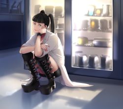 Rule 34 | 1girl, abigail sciuto, animification, bad id, bad pixiv id, black footwear, black hair, blunt bangs, boots, buckle, cabinet, closed mouth, green eyes, highres, knee boots, lab coat, long hair, long sleeves, looking at viewer, ncis, saba (sabatora), sleeves rolled up, smile, solo, squatting, thighs, twintails, wedge heels