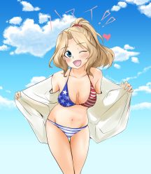 Rule 34 | 1girl, ;d, abimaru gup, alternate hairstyle, american flag bikini, american flag print, bikini, bikini under clothes, blonde hair, blue bikini, blue eyes, blue sky, breasts, cloud, cloudy sky, commentary request, cowboy shot, day, flag print, girls und panzer, groin, hair intakes, hair tie, hair up, heart, highres, kay (girls und panzer), leaning forward, looking at viewer, medium breasts, medium hair, mismatched bikini, navel, one eye closed, open clothes, open mouth, open shirt, opened by self, outdoors, ponytail, print bikini, shirt, sky, smile, solo, standing, striped bikini, striped clothes, swimsuit, thigh gap, translated, twitter username, white shirt