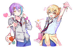 Rule 34 | 2boys, :d, absurdres, aqua hair, arm up, bag, bandaid, bandaid on hand, blonde hair, buttons, candy hair ornament, cardigan, cardigan around waist, closed mouth, clothes around waist, collared shirt, commentary request, cowboy shot, diagonal-striped clothes, diagonal-striped necktie, dot nose, double v, earrings, fingernails, food-themed hair ornament, gradient hair, grey cardigan, hair between eyes, hair ornament, hairclip, hands up, heart, heart hair ornament, highres, jewelry, kamishiro rui, kamiyama high school uniform (project sekai), long sleeves, looking at viewer, male focus, multicolored hair, multiple boys, necktie, notice lines, one eye closed, open collar, open mouth, orange eyes, orange hair, pjmiyo, pocket, project sekai, purple hair, purple nails, school uniform, scrunchie, shirt, short hair, short sleeves, shoulder bag, simple background, sleeves past elbows, smile, star (symbol), streaked hair, striped clothes, tenma tsukasa, two-tone hair, v, white background, white shirt, wrist scrunchie, wristband, yellow cardigan, yellow eyes
