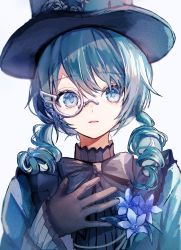 Rule 34 | 1girl, black bow, black bowtie, black gloves, black hat, blue flower, bow, bowtie, drill hair, flower, gloves, green eyes, green hair, grey background, hat, hatsune miku, highres, long hair, long sleeves, looking at viewer, low twintails, monocle, parted lips, pipi, project sekai, simple background, solo, top hat, twin drills, twintails