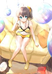 Rule 34 | 1girl, absurdres, ahoge, animal-shaped pillow, bare shoulders, blue eyes, breasts, cleavage, collarbone, couch, ebi frion (matsuri channel), full body, grey hair, groin, hand on own face, highres, hololive, lantern, lens flare, midriff, natsuiro matsuri, natsuiro matsuri (matsuri&#039;s day off), navel, ogura toast, pillow, scrunchie, shoes, short shorts, shorts, side ponytail, sitting, small breasts, solo, virtual youtuber