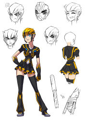 Rule 34 | 1girl, blonde hair, bumblebee, character sheet, female focus, gender request, genderswap, gloves, highres, partially colored, personification, ryuusei (mark ii), school uniform, simple background, skirt, solo, thighhighs, transformers, transformers prime, white background