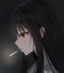 Rule 34 | 1girl, absurdres, black background, black hair, cc lin, chinese commentary, cigarette, close-up, commentary request, crying, crying with eyes open, dark, eyelashes, from side, hair between eyes, highres, long hair, original, portrait, profile, red eyes, sad, sailor collar, signature, simple background, smoke, smoking, solo, straight hair, streaming tears, tears, tsurime, white sailor collar