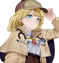 Rule 34 | 1girl, adjusting clothes, adjusting headwear, blonde hair, blue eyes, blush, breasts, brown capelet, brown coat, brown skirt, capelet, closed mouth, coat, collared shirt, commentary, deerstalker, from below, from side, gear hair ornament, hat, hololive, hololive english, long sleeves, looking at viewer, medium breasts, necktie, plaid, plaid skirt, plain 222, red necktie, shirt, shirt tucked in, short hair, short necktie, simple background, skirt, smile, solo, stethoscope, upper body, virtual youtuber, watson amelia, white background, white shirt, wing collar