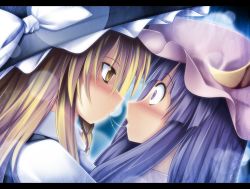 Rule 34 | 2girls, after kiss, blonde hair, blush, braid, crescent, eye contact, face-to-face, female focus, hat, kai yuuki, kirisame marisa, kiss, letterboxed, long hair, looking at another, multiple girls, patchouli knowledge, portrait, purple eyes, purple hair, saliva, saliva trail, surprised, touhou, upper body, wide-eyed, witch hat, yellow eyes, yuri