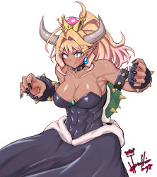 Rule 34 | 1girl, abs, ahoge, armlet, armpits, bare shoulders, black dress, black nails, blonde hair, blush, borrowed design, bowsette, bracelet, breasts, brooch, cleavage, closed mouth, collar, collarbone, commentary request, cowboy shot, crown, dark-skinned female, dark skin, dated, dress, earrings, fangs, fangs out, fingernails, from side, green eyes, hair intakes, hands up, high ponytail, hori shin, horns, jewelry, large breasts, long fingernails, long hair, looking at viewer, mario (series), muscular, muscular female, nail polish, new super mario bros. u deluxe, nintendo, pointy ears, ponytail, sharp fingernails, simple background, smile, solo, spiked armlet, spiked bracelet, spiked collar, spikes, standing, strapless, strapless dress, super crown, thick eyebrows, turtle shell, upper body, v-shaped eyebrows, wavy hair, white background