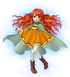Rule 34 | 1girl, :d, bell, boots, cape, child, fire emblem, fire emblem: radiant dawn, hair bell, hair ornament, hazuki (nyorosuke), long hair, nintendo, open mouth, pantyhose, red eyes, red hair, smile, solo, wavy hair, yune (fire emblem)