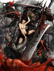 Rule 34 | 1girl, bad id, bad pixiv id, black hair, blood, breasts, cockpit, corpse, highres, jung myung lee, large breasts, long hair, mecha, monster, original, realistic, red eyes, robot, science fiction, skirt, sword, weapon, white hair