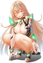 Rule 34 | 1girl, blonde hair, breasts, chest jewel, cleavage, cleavage cutout, clothing cutout, commentary request, cosplay, dress, elbow gloves, fang, gloves, hair between eyes, highres, large breasts, long hair, looking at viewer, mythra (xenoblade), mythra (xenoblade) (cosplay), nijisanji, nui sociere, one eye closed, simple background, skin fang, solo, squatting, tiara, v, virtual youtuber, white background, white dress, xenoblade chronicles (series), xenoblade chronicles 2, yellow eyes, yusayusa56561