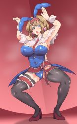 Rule 34 | 1girl, adapted costume, alice margatroid, animal ears, armpits, arms up, backless outfit, black burakku, black thighhighs, blue eyes, blush, breasts, brown hair, buttons, capelet, clothing cutout, earrings, eyebrows, fake animal ears, frills, full body, hairband, high heels, highres, jewelry, large breasts, leotard, lolita hairband, looking at viewer, necktie, open mouth, playboy bunny, rabbit ears, red footwear, red necktie, red ribbon, ribbon, sash, shoes, short hair, shoulder cutout, sideboob, solo, spread legs, sweat, thick eyebrows, thighhighs, touhou, wrist cuffs
