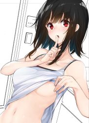 Rule 34 | 1girl, amami amayu, areola slip, black hair, blush, breasts, clothes pull, collarbone, door, dutch angle, finger to mouth, kantai collection, large breasts, looking at viewer, navel, nipples, parted lips, red eyes, self exposure, shirt pull, short hair with long locks, shushing, solo, takao (kancolle), tank top, unfinished, upper body
