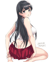 Rule 34 | 1girl, agano (kancolle), ass, black hair, blush, breasts, brown eyes, butt crack, gloves, kantai collection, kurage1, large breasts, long hair, looking at viewer, one-hour drawing challenge, open mouth, pleated skirt, red skirt, school uniform, serafuku, simple background, sitting, skirt, sleeveless, smile, solo, white background
