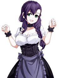 Rule 34 | 10s, 1girl, :d, blush, breasts, dirndl, german clothes, green eyes, hair over shoulder, large breasts, long hair, looking at viewer, love live!, love live! school idol festival, love live! school idol project, open mouth, purple hair, simple background, smile, solo, torigoe takumi, tojo nozomi, underbust, white background, wrist cuffs
