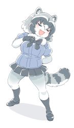 Rule 34 | 1girl, animal ears, arm behind back, black hair, black skirt, blue sweater, bodystocking, bow, bowtie, closed eyes, common raccoon (kemono friends), extra ears, facing viewer, fangs, full body, fur collar, grey hair, hair between eyes, hand on own chest, hand up, highres, kemono friends, layered sleeves, long sleeves, medium hair, microskirt, mitsumoto jouji, multicolored hair, open mouth, raccoon ears, raccoon tail, shoes, short-sleeved sweater, short over long sleeves, short sleeves, sidelocks, simple background, skirt, smile, socks, solo, standing, sweater, tail, v-shaped eyebrows, white background, white hair
