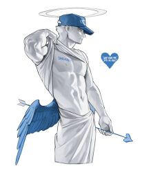 Rule 34 | 1boy, abs, blue hat, blue wings, clothes lift, colored skin, facial hair, halo, hat, highres, male focus, midriff, muscular, muscular male, navel, nipples, original, rinotuna, shirt, shirt lift, sideburns stubble, solo, stomach, stubble, white skin, wings