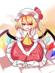 Rule 34 | 1girl, ascot, blonde hair, collared shirt, fangs, flandre scarlet, frilled shirt collar, frilled skirt, frilled sleeves, frills, glowing, glowing wings, gradient background, hair between eyes, harakune (mugennero), hat, highres, long hair, looking at viewer, mob cap, multicolored wings, one side up, open mouth, orange background, red eyes, red skirt, red vest, shirt, simple background, skirt, solo, touhou, vest, white hat, white shirt, wings, yellow ascot