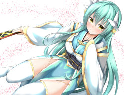 Rule 34 | 1girl, absurdres, aqua hair, blush, breasts, commentary request, fate/grand order, fate (series), green hair, hair ornament, highres, horns, japanese clothes, kimono, kiyohime (fate), large breasts, long hair, looking at viewer, moyoron, petals, sash, smile, solo, thighhighs, white thighhighs, yellow eyes