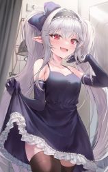 Rule 34 | 1girl, absurdres, blush, bow, child, dress, elbow gloves, female focus, fitting room, gloves, hair bow, hair ornament, hairband, highres, long hair, looking at viewer, mamong, open mouth, original, pointy ears, red eyes, skirt hold, solo, twintails, white hair