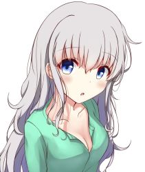 Rule 34 | 1girl, :o, asaka (p warabii230), blouse, blue eyes, blush, breasts, charlotte (anime), cleavage, collarbone, commentary request, green shirt, hair between eyes, long hair, looking at viewer, medium breasts, parted lips, shirt, silver hair, simple background, solo, tomori nao, upper body, white background