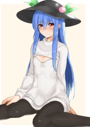 Rule 34 | 1girl, alternate costume, black pantyhose, blue hair, blush, breasts, cleavage cutout, clothing cutout, food, fruit, hat, hinanawi tenshi, long hair, looking at viewer, meme attire, momo retasu, open-chest sweater, pantyhose, peach, red eyes, ribbed sweater, simple background, small breasts, solo, sweater, touhou, turtleneck
