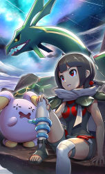 Rule 34 | 1girl, black hair, black shirt, blunt bangs, breasts, cloud, commentary request, covered navel, creatures (company), dragon, game freak, gen 3 pokemon, glowing, glowing eyes, gonzarez, grey cloak, highres, legendary pokemon, looking up, medium breasts, mega stone, nintendo, on one knee, open mouth, parted lips, pokemon, pokemon (creature), pokemon oras, rayquaza, red eyes, shirt, short hair, short shorts, shorts, sitting, sky, sleeveless, sleeveless shirt, smile, space, star (sky), starry sky, wavy mouth, whismur, zinnia (pokemon)