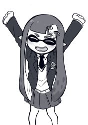 Rule 34 | 1girl, arms up, blazer, blunt bangs, closed eyes, collared shirt, commentary, fangs, greyscale, hair ornament, highres, inkling, inkling girl, inkling player character, jacket, long hair, long sleeves, mask, monochrome, necktie, nintendo, o/, open clothes, open jacket, open mouth, outstretched arms, pleated skirt, pointy ears, sailor collar, school uniform, serafuku, shiromanta, shirt, skirt, smile, splatoon (series), spread arms, squid, sweater vest, tentacle hair, uniform, v arms, white shirt