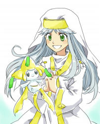 Rule 34 | blue hair, creatures (company), crossover, game freak, gen 3 pokemon, green eyes, habit, own hands clasped, index (toaru majutsu no index), inoichi, jirachi, legendary pokemon, long hair, lowres, mythical pokemon, nintendo, nun, own hands together, pokemon, pokemon (creature), safety pin, smile, toaru majutsu no index