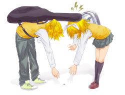 Rule 34 | 1boy, 1girl, accident, bad id, bad pixiv id, bag, blonde hair, bow, brother and sister, coin, guitar case, hair bow, highres, instrument case, kagamine len, kagamine rin, outstretched arm, pleated skirt, reaching, siblings, simple background, skirt, sweater vest, sweeter (h110111), twins, vocaloid