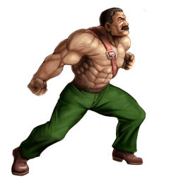 Rule 34 | 1boy, abs, belt, brown footwear, capcom, clenched hand, facial hair, fighting stance, final fight, full body, green pants, male focus, mike haggar, muscular, mustache, old, old man, pants, simple background, solo, standing, taka (takahirokun), topless male, veins, white background