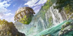 Rule 34 | cliff, cloud, day, floating island, forest, highres, kosian, lake, moss, nature, no humans, non-web source, official art, rock, rope, scenery, second-party source, shimenawa, sky, touhou, touhou lostword, water, waterfall