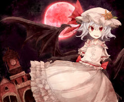 Rule 34 | 1girl, arms behind back, bad id, bad pixiv id, bat wings, black gloves, blue hair, clock, clock tower, colored eyelashes, dress, elbow gloves, fangs, female focus, flower, full moon, gloves, hat, hisona (suaritesumi), moon, night, open mouth, pink dress, red eyes, red moon, remilia scarlet, scarlet devil mansion, short hair, slit pupils, smirk, solo, touhou, tower, wings
