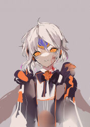Rule 34 | 1girl, black jacket, blood, blood on clothes, blood on face, code: unknown (elsword), elsword, eve (elsword), grey background, highres, jacket, kurayuki0404, long sleeves, looking at viewer, multicolored clothes, multicolored jacket, orange eyes, orange jacket, shirt, short hair, sketch, white hair, white shirt