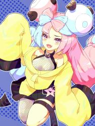 Rule 34 | bow-shaped hair, character hair ornament, creatures (company), game freak, grey pantyhose, hair ornament, hexagon print, highres, iono (pokemon), jacket, long hair, low-tied long hair, multicolored hair, nintendo, oversized clothes, pantyhose, pokemon, pokemon sv, sharp teeth, single leg pantyhose, sleeves past fingers, sleeves past wrists, split-color hair, stella (stella), teeth, very long sleeves, x, yellow jacket
