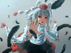 Rule 34 | 1girl, animal ears, bare shoulders, black feathers, detached sleeves, feathers, hat, inubashiri momiji, looking at viewer, open mouth, pom pom (clothes), red eyes, ribbon-trimmed sleeves, ribbon trim, short hair, silver hair, simple background, solo, tokin hat, touhou, wolf ears, zzzzzzzzzzzzzzp